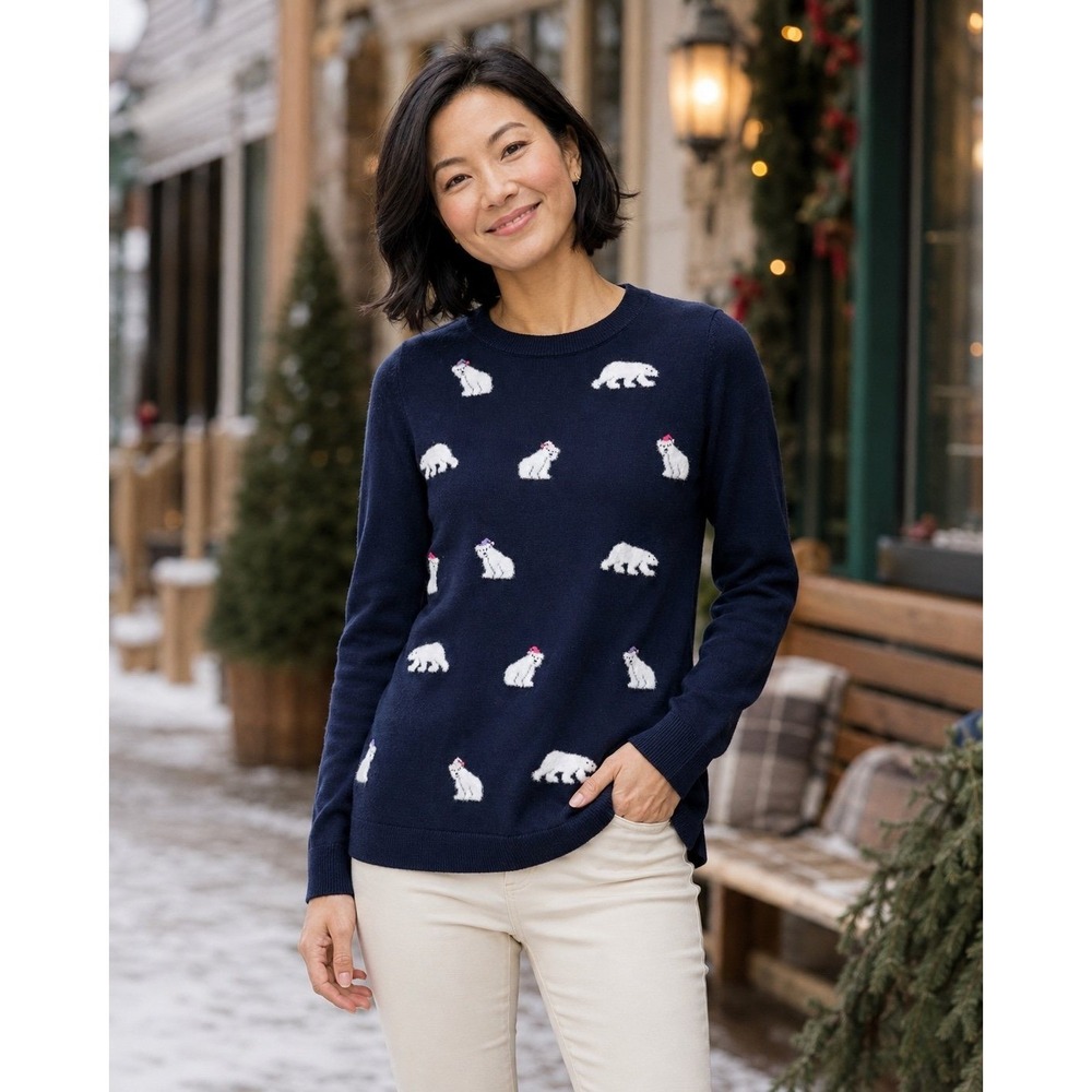 Talbots Petite Polar Bear Sweater Navy Blue Size SP Holiday Winter